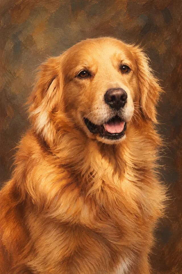 Golden retriever in a textured classic oil painting