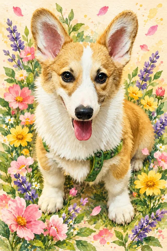 Corgi in a hand-painted watercolor sketch, surrounded by pink, lavender and yellow flowers