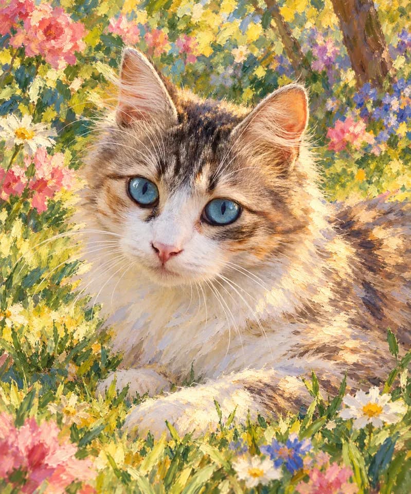 Blue-eyed tabby cat lying in dappled sunlight on the grass of a flowering garden, in loose impressionist brushwork