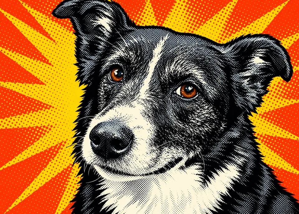 Border collie in a bold pop art print with halftone dots