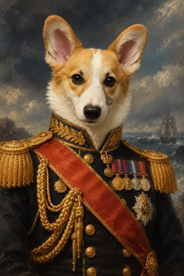 Corgi in a gold-braided naval dress uniform with medals and a red sash