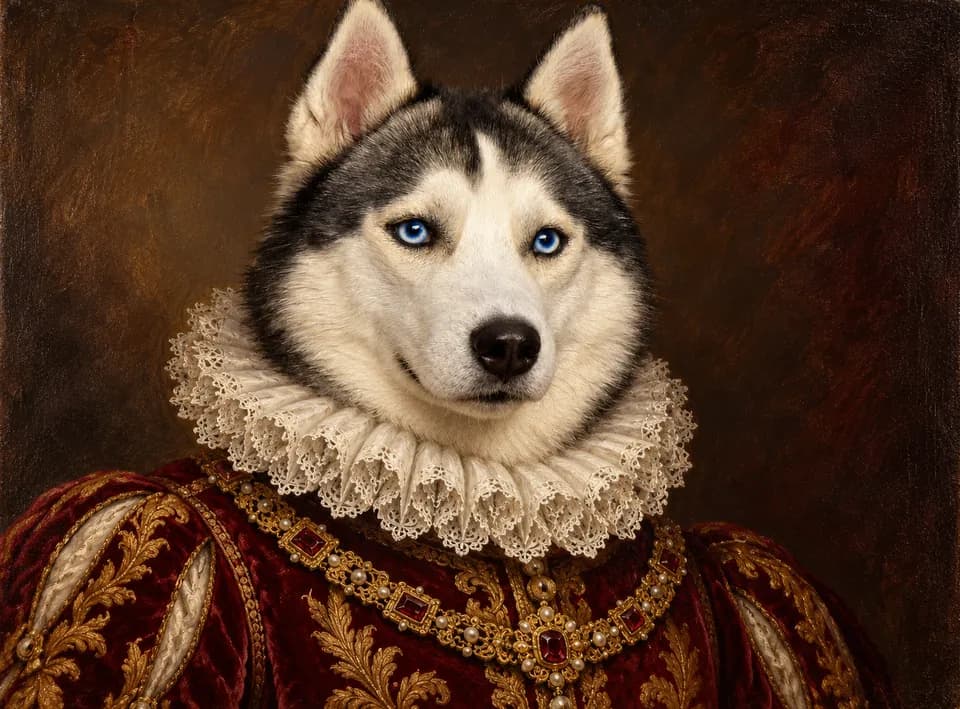 Husky painted as a Renaissance noble in a velvet doublet and lace ruff