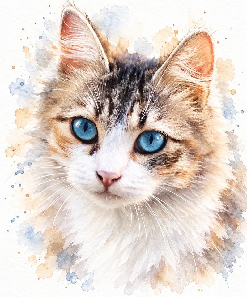 Blue-eyed tabby cat in a soft watercolor portrait